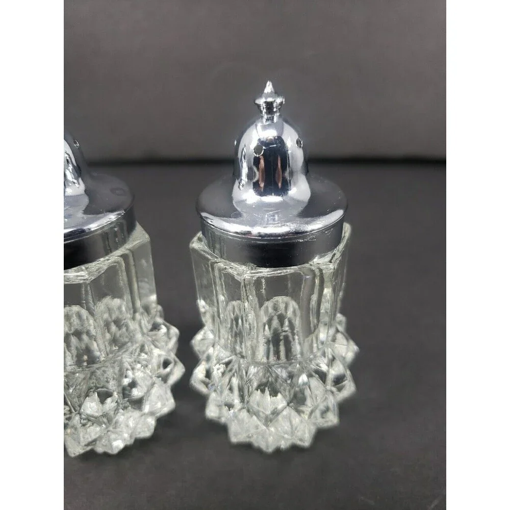 Vintage Salt & Pepper Shakers c1960s Heavy Glass Made in Hong Kong Diamond Cut